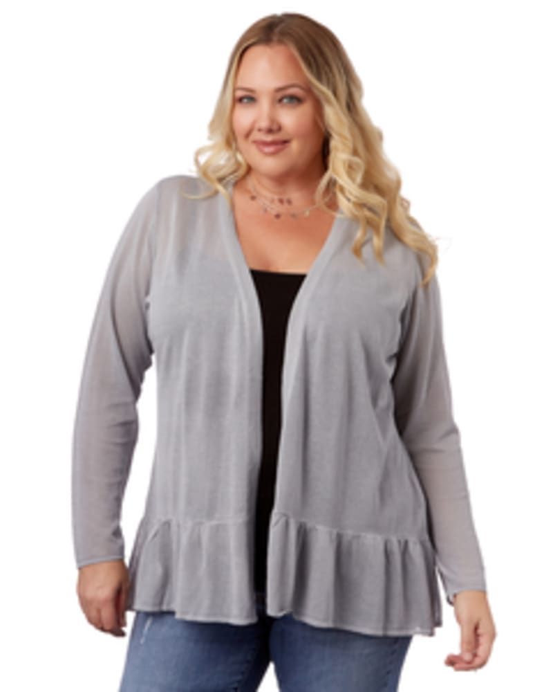 Front of a model wearing a size 1X Ruffle-Hem Cardigan in COOL GREY by Belldini Black Label. | dia_product_style_image_id:245967
